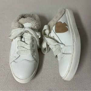Kate Spade Fez Mule Winter Sneakers Womens 6.5 B White Leather Tan Logo Faux Fur